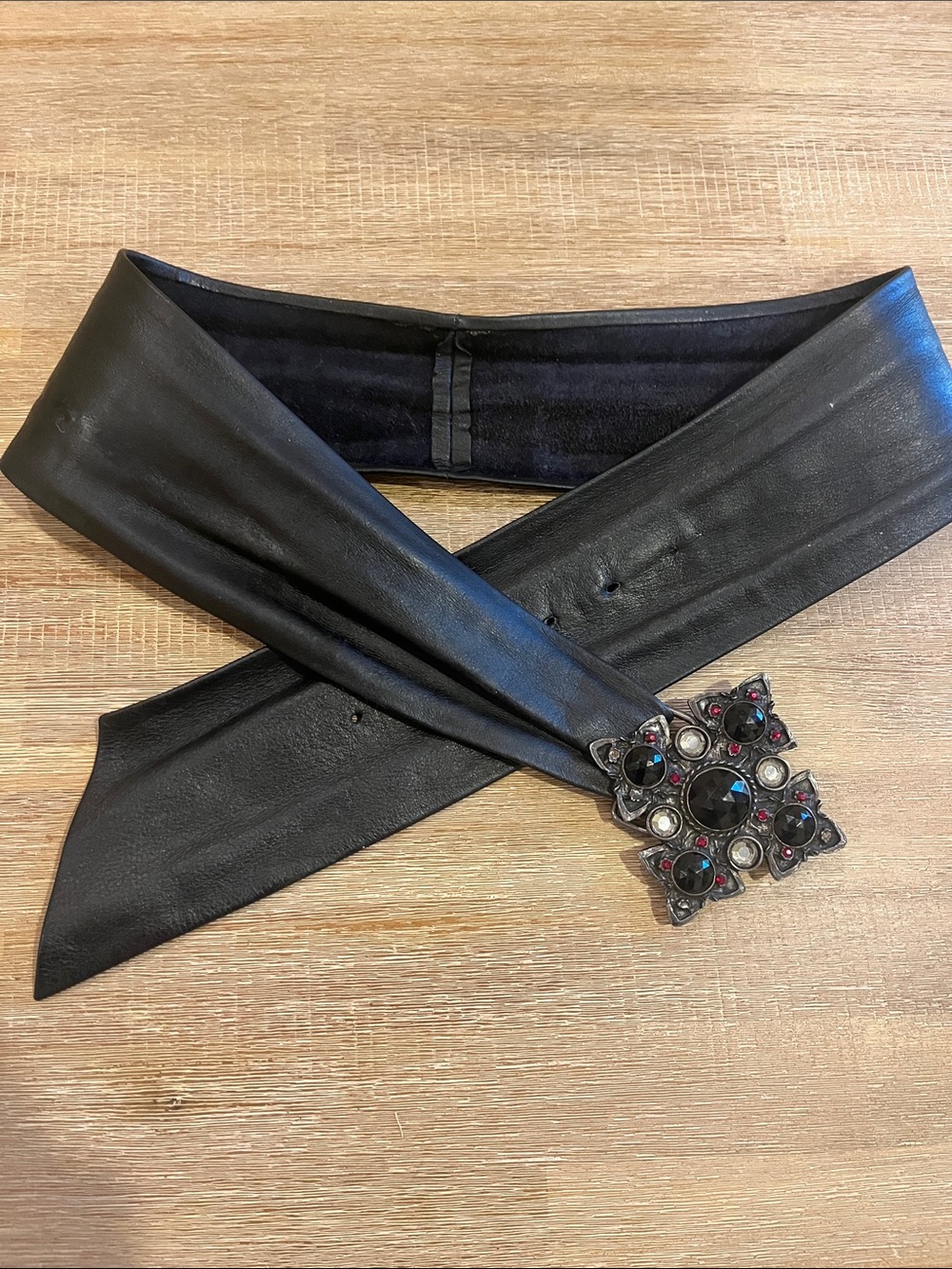 Black Leather Belt with Rhinestone Buckle